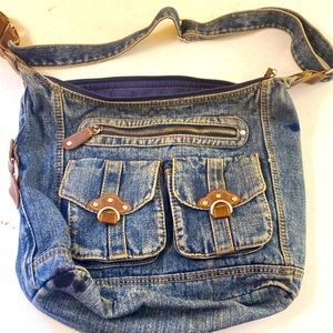 Denim and leather purse